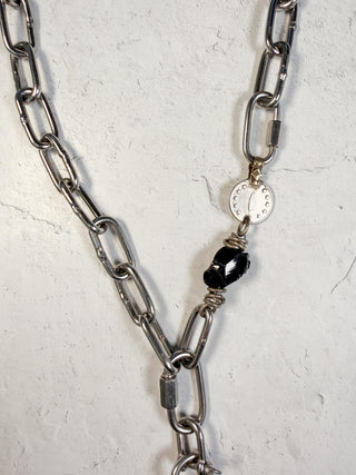 Long Stainless Link Necklace with Obsidian Pendant
