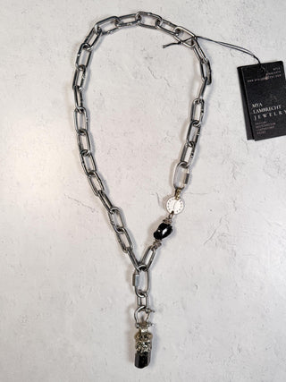 Long Stainless Link Necklace with Obsidian Pendant