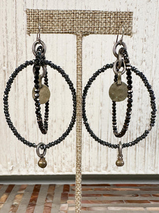 Metallic Beaded Double Hoop Earrings with Small Drops