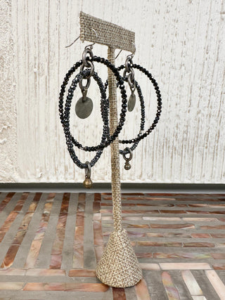 Metallic Beaded Double Hoop Earrings with Small Drops