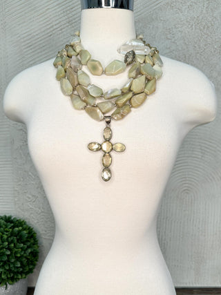 3 Strand Green Opal Necklace with Cross Pendant