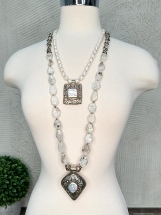 Pearl Necklace with Large Square Silver & Pearl Pendant