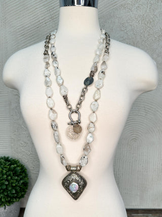 White Speckled Moonstone Necklace with Silver & Pearl Necklace