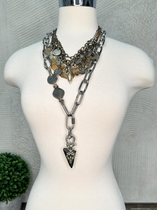 Long Stainless Link Necklace with Shark Tooth Pendant