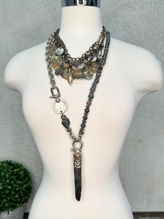 Dark Grey Stone Bead and Silver Chain Necklace with Coin and Kyanite Pendant