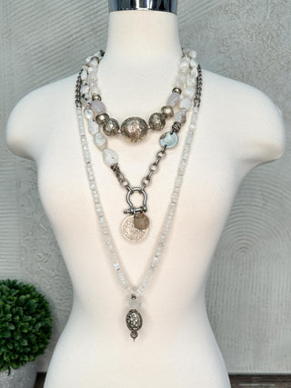 Moonstone Crystal and Silver Chain Necklace with Oval Floral Pendant