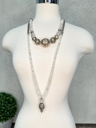 White Mixed Stone Necklace with Tapered Silver Beads