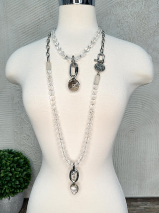 Long Clear Crystal Bead Necklace with Crystal Skull Pendant