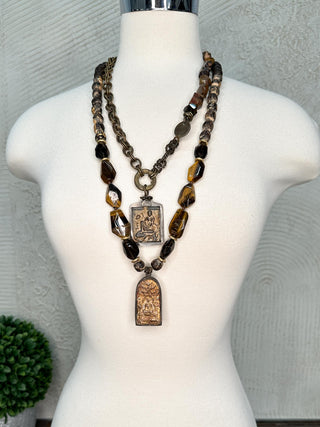 Brown Crystal and Chain Necklace with Woman Pendant