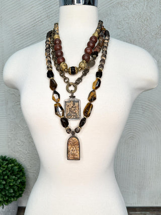 Brown Crystal and Chain Necklace with Woman Pendant