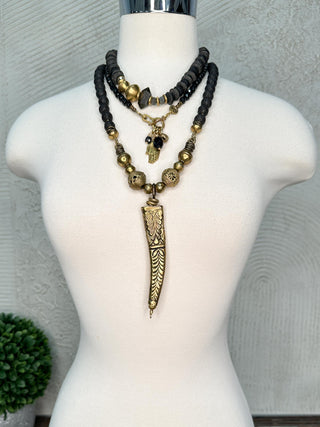 Black Bead Necklace with Gold Tusk Pendant