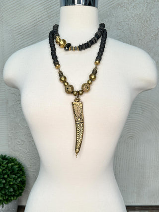 Black Bead Necklace with Gold Tusk Pendant