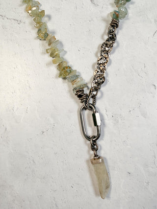 Pale Green Crystal Chips & Chain Necklace with Pendant