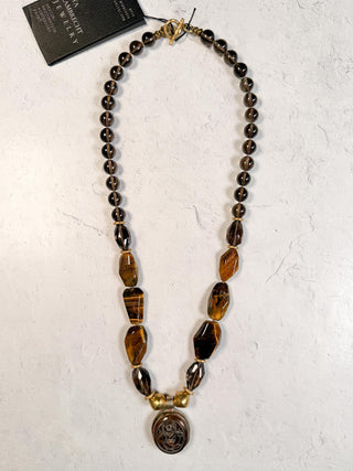 Tigers Eye & Smokey Quartz Necklace with Oval Buddha Pendant