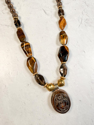 Mya Lambrecht Jewelry Tigers Eye & Smokey Quartz Necklace with Oval Buddha Pendant - Statement Boutique