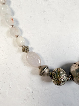 White Mixed Stone Necklace with Tapered Silver Beads