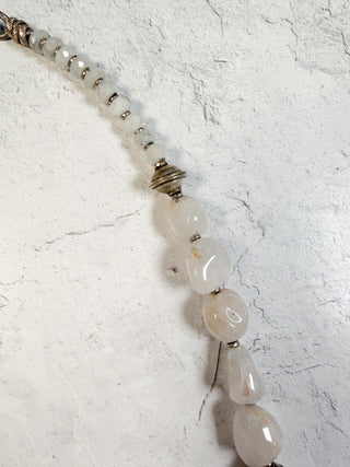 White Mixed Stone Necklace with Tapered Silver Beads
