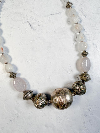 White Mixed Stone Necklace with Tapered Silver Beads