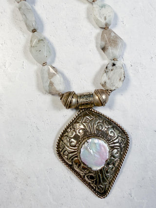 White Speckled Moonstone Necklace with Silver & Pearl Necklace