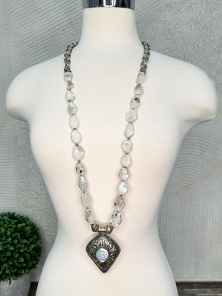 White Speckled Moonstone Necklace with Silver & Pearl Necklace