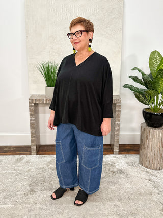 Nally & Millie Oversized V-Neck Cuff Sleeve Top, Black - Statement Boutique