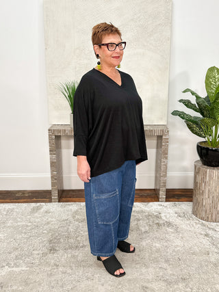 Nally & Millie Oversized V-Neck Cuff Sleeve Top, Black - Statement Boutique