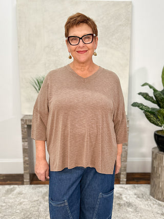 V-Neck Drop Sleeve Top, Brown Sugar