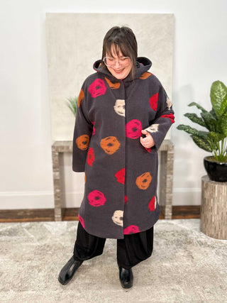 Polka Dot Hooded Coat, Dark Grey/Multi
