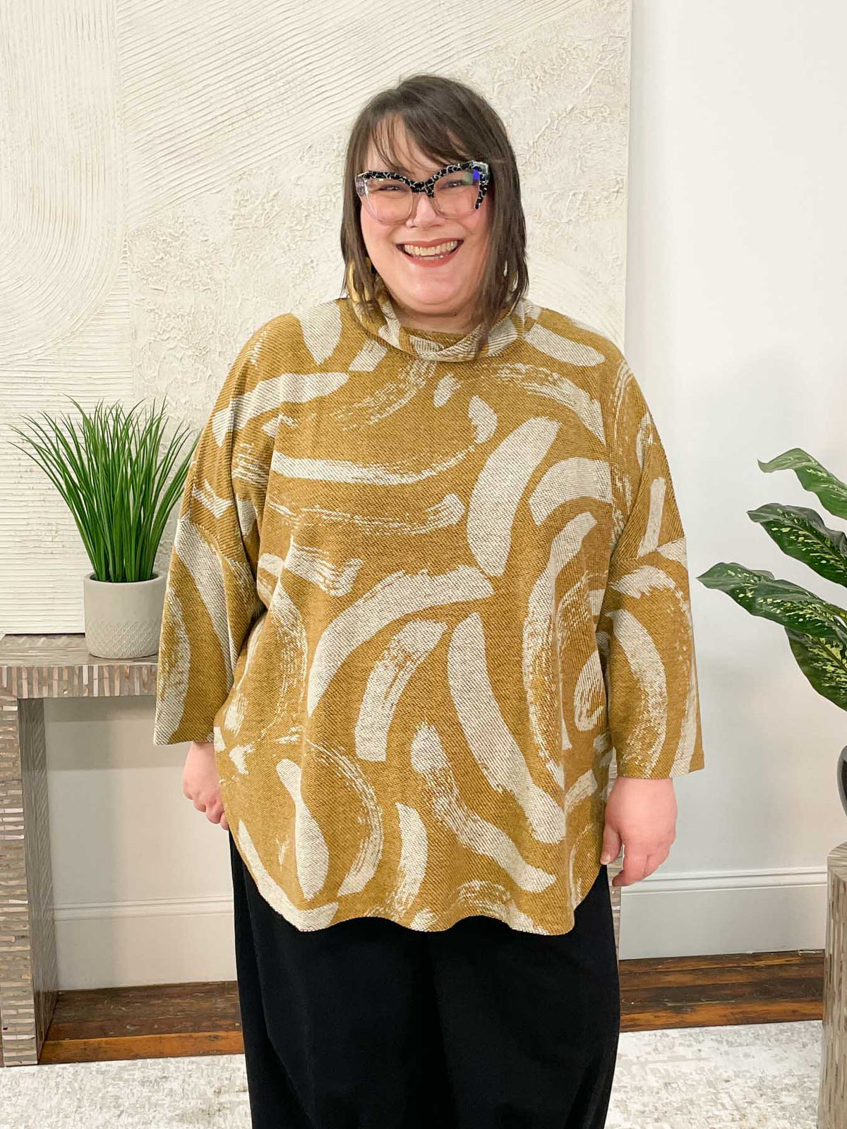 Noen Brushstroke Print Turtleneck Top, Ochre/Beige - Statement Boutique