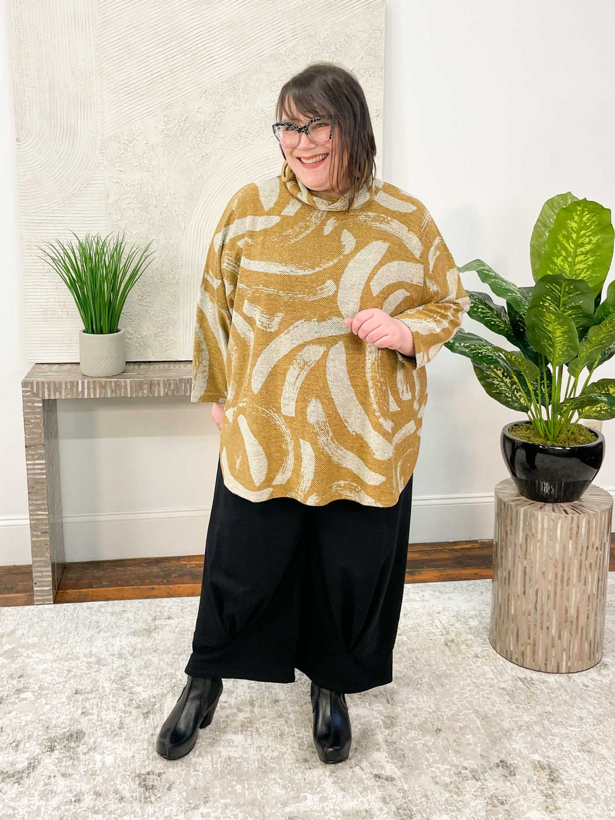 Noen Brushstroke Print Turtleneck Top, Ochre/Beige - Statement Boutique