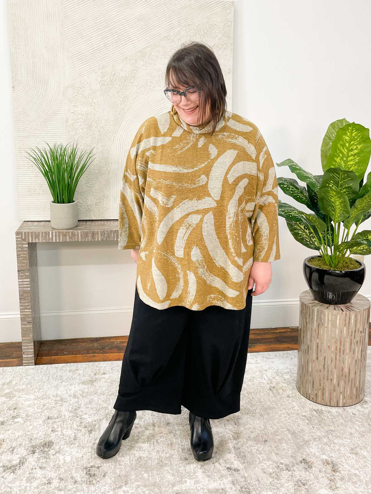 Noen Brushstroke Print Turtleneck Top, Ochre/Beige - Statement Boutique