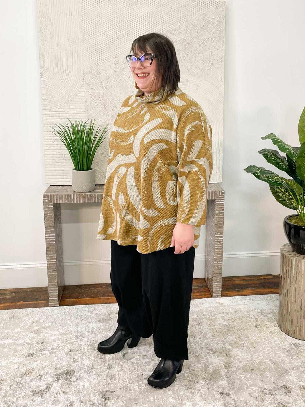 Noen Brushstroke Print Turtleneck Top, Ochre/Beige - Statement Boutique