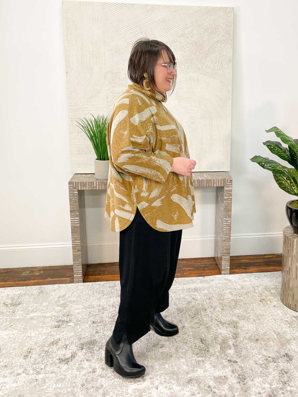 Noen Brushstroke Print Turtleneck Top, Ochre/Beige - Statement Boutique