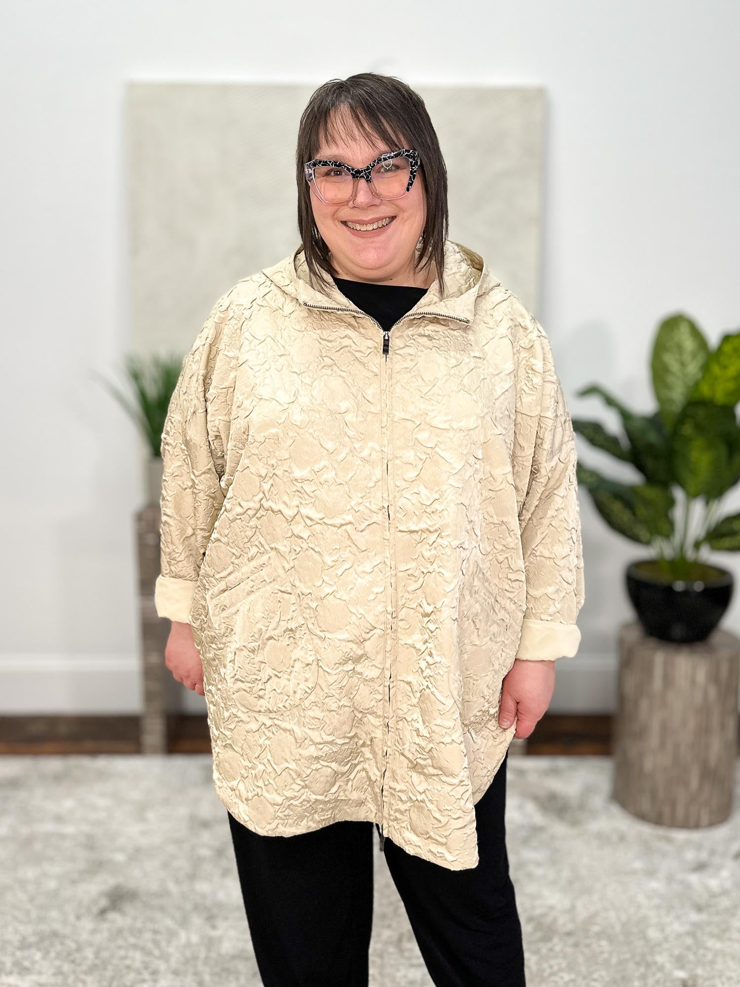Floral Embossed Oversized Jacket, Light Taupe