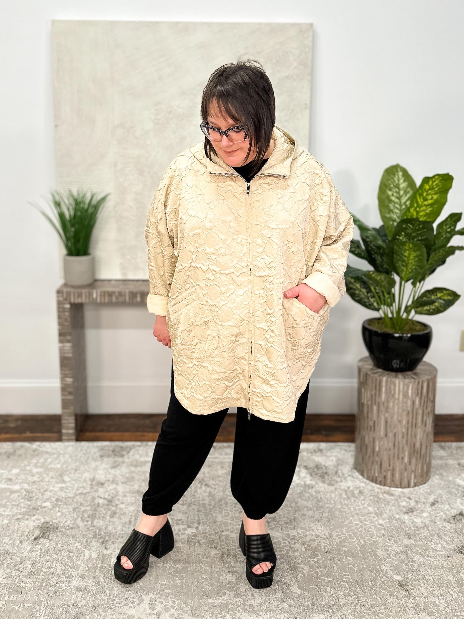 Floral Embossed Oversized Jacket, Light Taupe