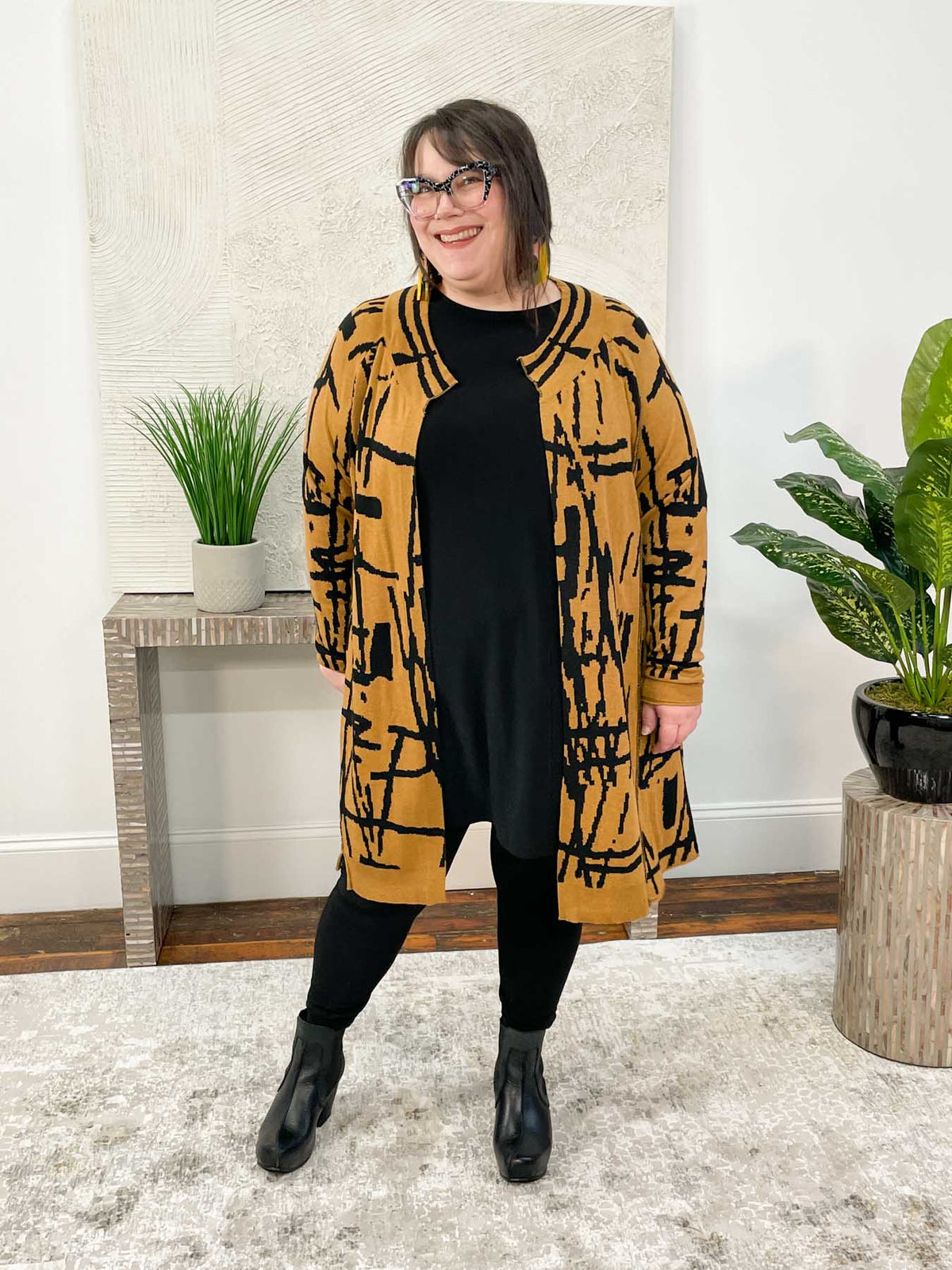 Noen Sketch Pattern Open Sweater Cardigan, Camel/Black - Statement Boutique
