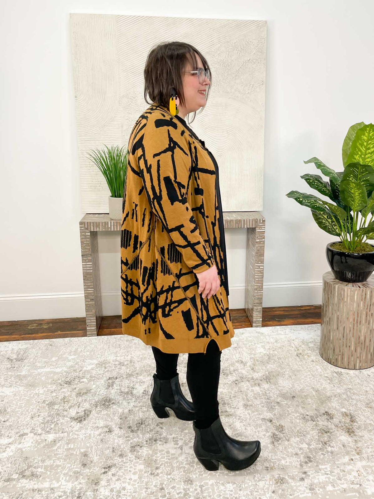 Noen Sketch Pattern Open Sweater Cardigan, Camel/Black - Statement Boutique