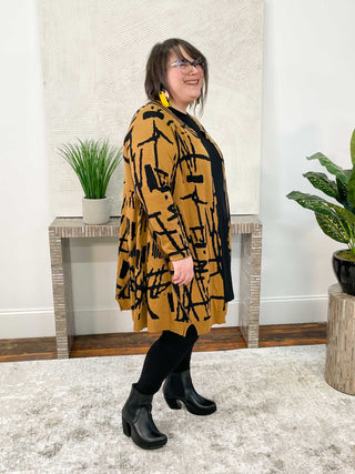 Noen Sketch Pattern Open Sweater Cardigan, Camel/Black - Statement Boutique