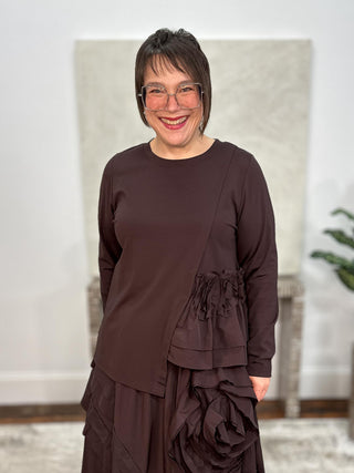 Taffeta Rosette Knit Tunic, Dark Brown