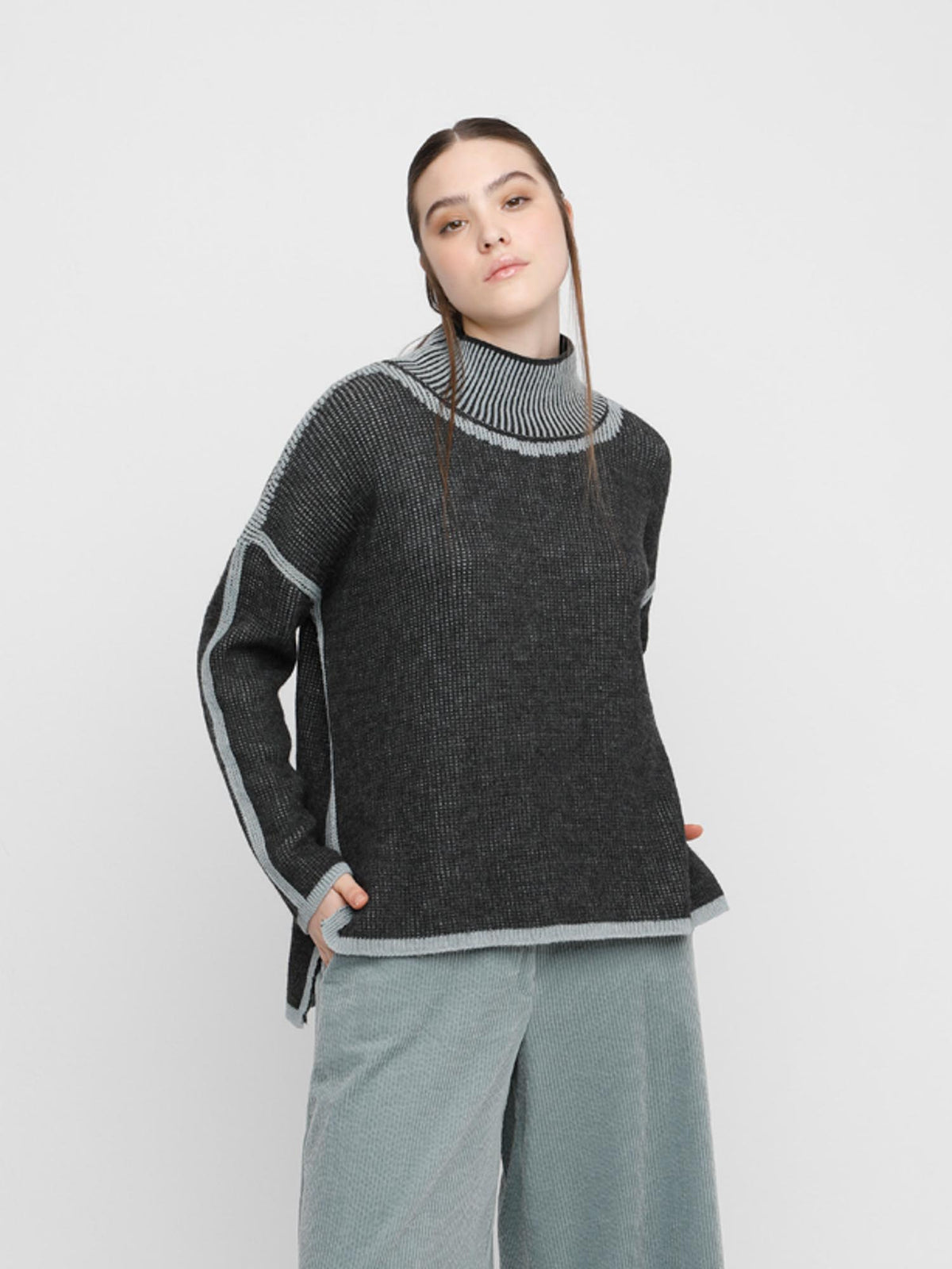 Ozai N Ku Contrast Knit Turtle Neck Sweater, Grey - Statement Boutique