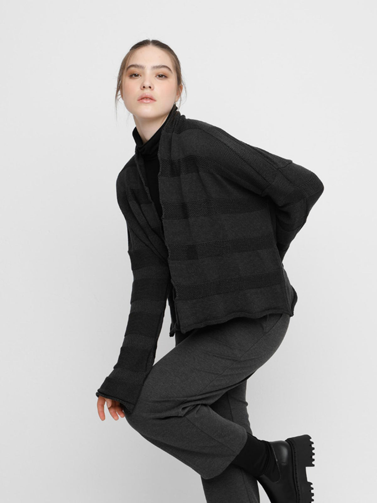 Ozai N Ku Tonal Stripe Cardi Sweater, Charcoal - Statement Boutique
