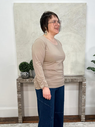 Cotton Lycra Ruched Long Sleeve Top, Fawn