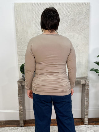 Cotton Lycra Ruched Long Sleeve Top, Fawn