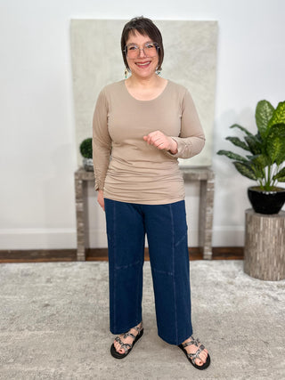 Cotton Lycra Ruched Long Sleeve Top, Fawn
