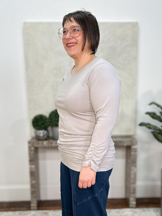 Cotton Lycra Ruched Long Sleeve Top, Titanium