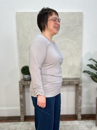 Cotton Lycra Ruched Long Sleeve Top, Titanium