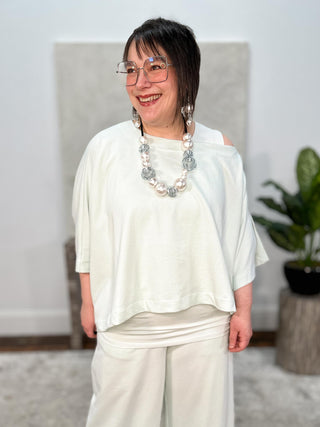 Planet by Lauren G French Terry Off The Shoulder Blouson Top, Mint - Statement Boutique