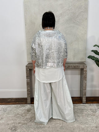 Planet by Lauren G Metallic Crochet Sweater, Mint/Silver - Statement Boutique