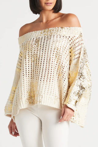 Metallic Crochet Sweater, Stone/Gold