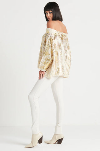 Metallic Crochet Sweater, Stone/Gold